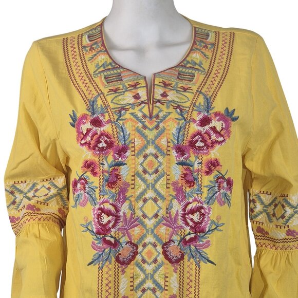 Calessa Women's V-Neck 3/4 Sleeve Yellow  Embroidered Top Tunic Size L New 53 - Picture 2 of 11